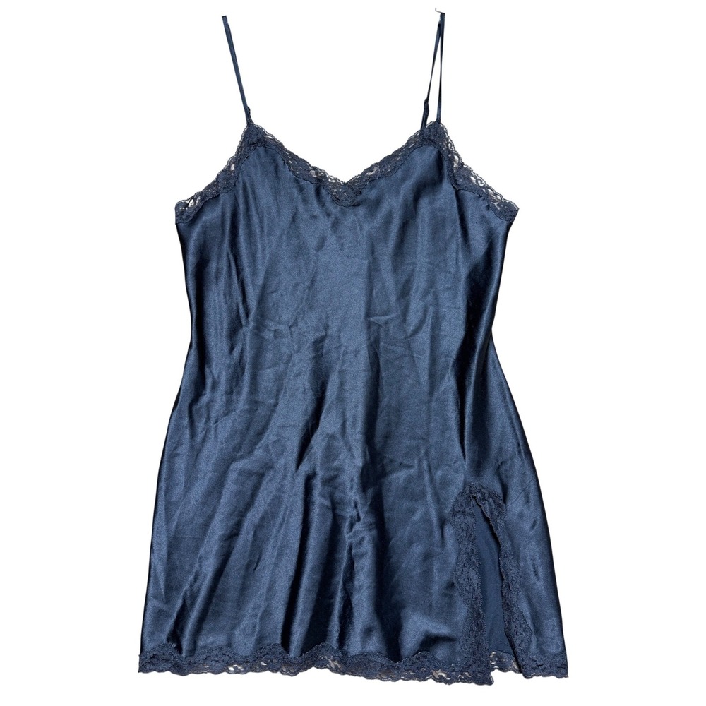 Victorias Secret Black Satin Lace Trim Slip Dress Chemise Side Slit Medium